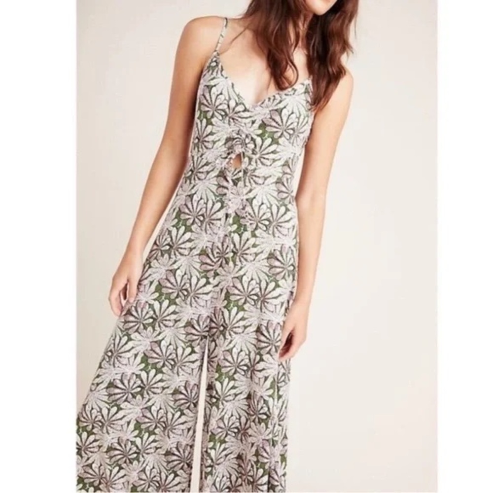 Anthropologie Pink and Green Leaf Print Top